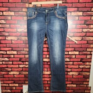 Grace in LA Women's Boot Cut Jeans - Dark Blue with Embellished Trim